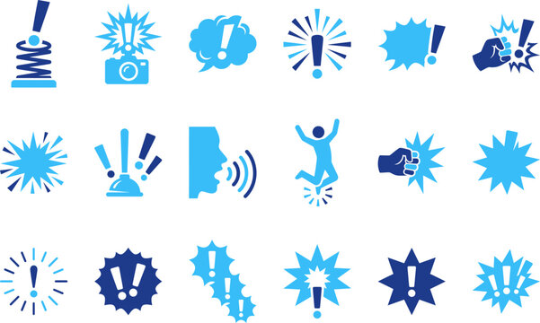 Set of blue and light blue cartoon explosion and impact icons with exclamation marks and sound waves.