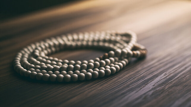 rosary. Wooden rosary beads coiled on a dark wooden table, textured surface. event programs, museum guides, designed for cultural heritage projects and event programs, preserves heritage.