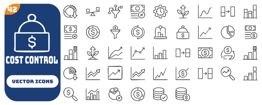 Cost Control icon set. Contain icons related to cost control, budgeting, expenses,  saving, allocation, planning, management, and more. Editable stroke. Vector illustration.