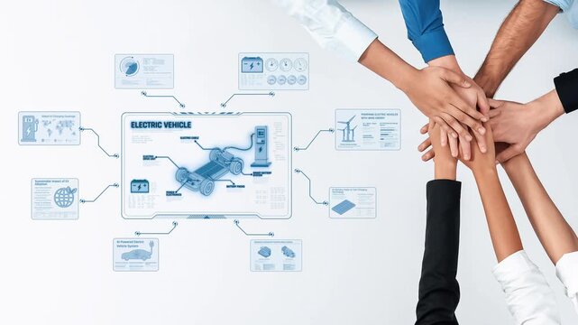 A group of diverse hands come together in collaboration over an electric vehicle technology infographic, highlighting the importance of teamwork in sustainable transportation solutions. Raster