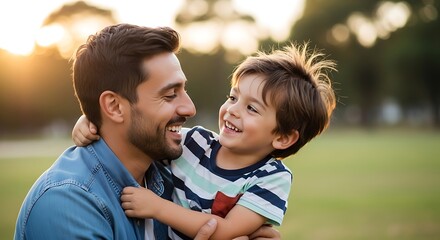 Fototapeta premium Happy fathers day smiling dad carrying son outdoors family connection
