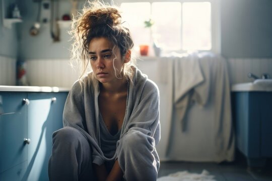 Depressed woman portrait worried sitting.