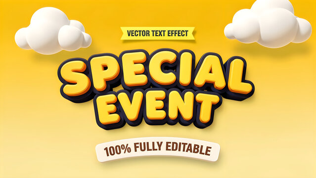 Bold yellow text effect spelling special event with puffy clouds