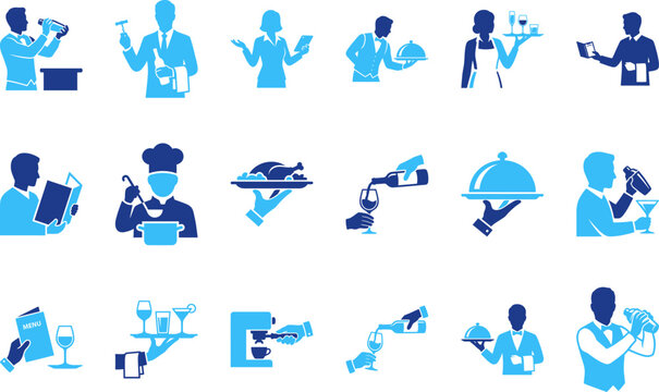 Collection of blue and cyan icons depicting restaurant and hospitality staff serving food and drinks.