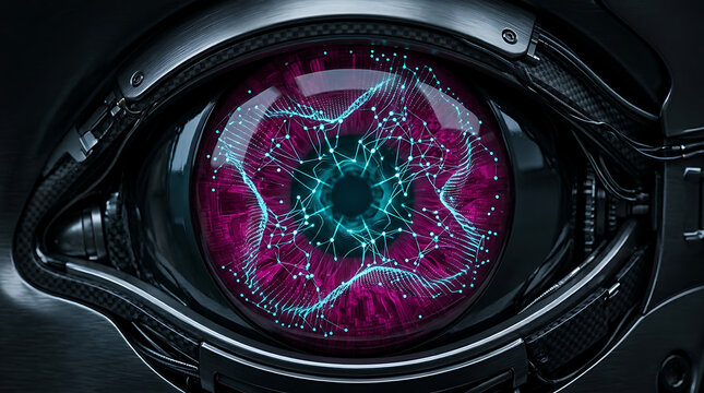 Close-up of a cybernetic eye with a complex network pattern in the iris