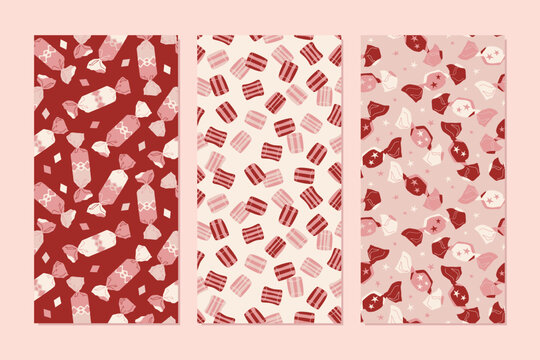 Set of vector seamless patterns with cute sweets for wrapping paper or other design