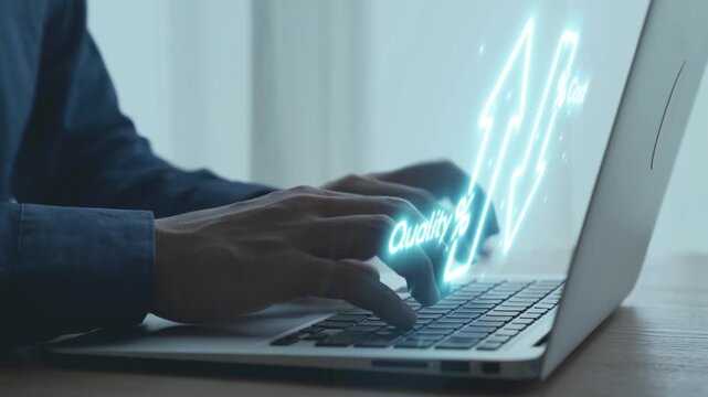 Creative Business Growth Concept Showcasing Quality Improvement Through Laptop Usage and Digital Transformation in Modern Workspace. Qubit.