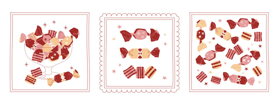 Set of square vector cards with different candies on isolated bakground. Cute cards with sweet different elements - candies, lollipops and chocolates.