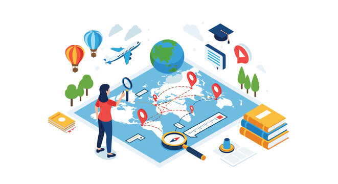 Woman exploring a large world map surrounded by travel and education icons like airplanes, balloons, books, and location pins.