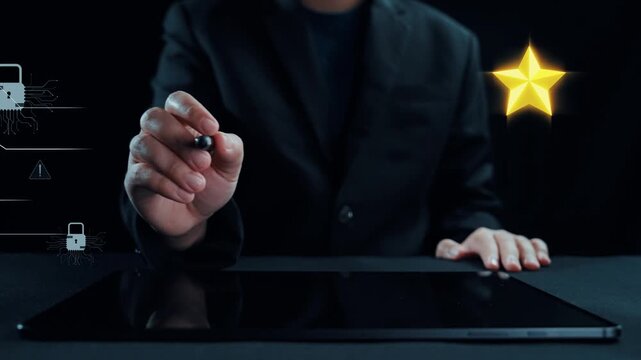 A close-up view of a hand holding a stylus over a digital tablet. Floating feedback bubbles and glowing stars represent ratings and user interaction on a dark background. Qubit