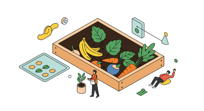 Surreal conceptual illustration featuring tiny people harvesting giant fruits and vegetables from an oversized wooden garden planter.
