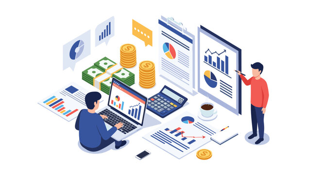 Financial experts and accountants analyzing company performance using various data charts, spreadsheets, and currency stacks.