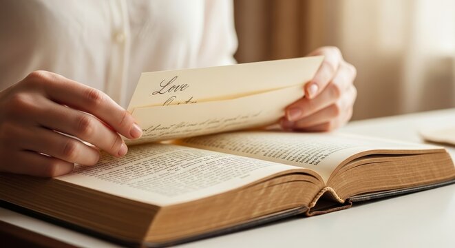 Love letter in old book with hands holding note on vintage page. Love letter discovery highlights emotional connection and nostalgia associated with written words.