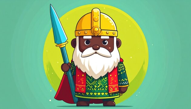 Cartoon Viking Warrior with Spear and Helmet on Green Background.