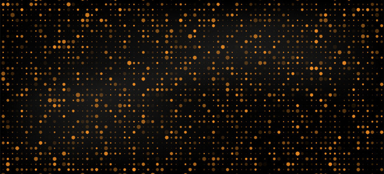 Abstract luxury black background with golden halftone dots, glowing particle grid pattern, elegant digital sparkle texture