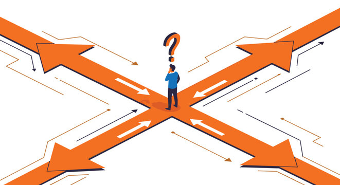 Man stands at the intersection of four orange arrows with a large question mark above him to represent a difficult life choice.