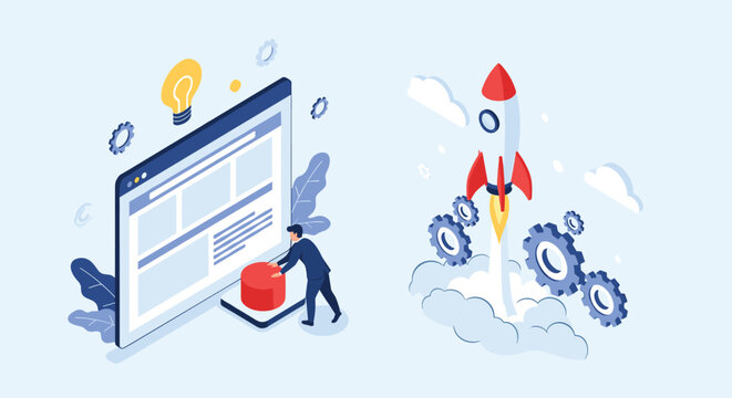 Startup business launch concept features a man pushing a button on a website while a rocket ship takes off into the sky.