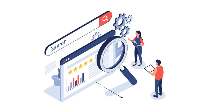 Data analysis team researches search engine results and website performance metrics using a large digital interface and charts.