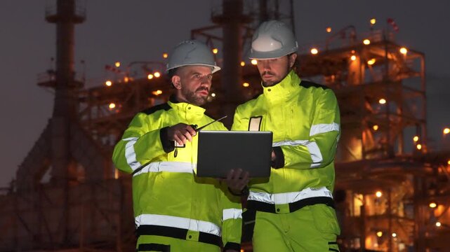 Workers use laptop and radio during night shift at industrial site in warm jackets
