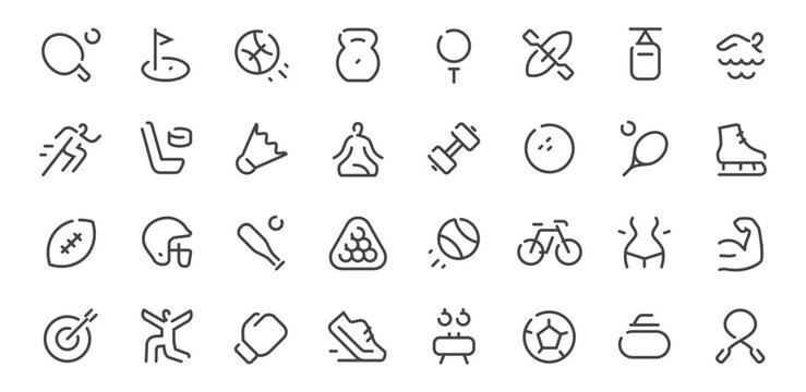 Sports and fitness line icons set with training, games and athletic symbols