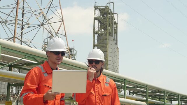 Workers observe and discuss project plans at industrial site during bright day