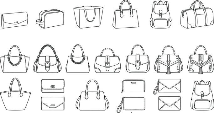 Line Drawings of Handbags and Purses Featuring Tote, Satchel, Shoulder, Backpack and Duffel Styles