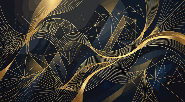 Abstract background with golden flowing lines and geometric constellations