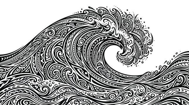 Intricate black and white illustration of a vintage tribal wave with swirling patterns on a plain background