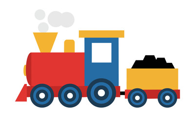 Naklejka premium Vintage toy steam train with simple geometric shapes in bold flat colors representing a whimsical childhood journey