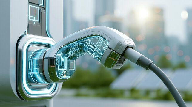 Close up shot of a high tech electric vehicle charging plug being connected to a station with a blurred green smart city background.