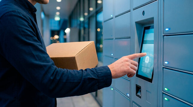 Man using a smart parcel locker terminal to send or receive a package