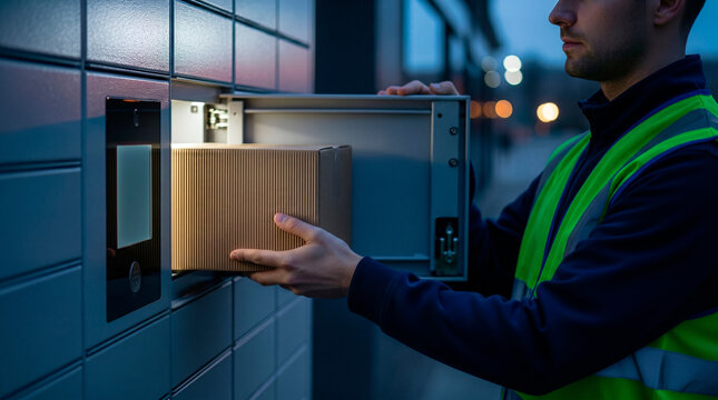 Delivery person places package into automated parcel locker at dusk