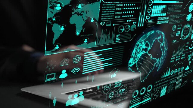 Data center monitoring dashboard visualize network performance, connection status, usage rate, and telecommunication insight. Data center monitoring efficiency improvement network transparency. Thunk