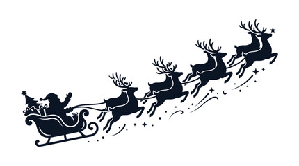 Santa Claus sleigh and reindeer team silhouette flying high. © sabar