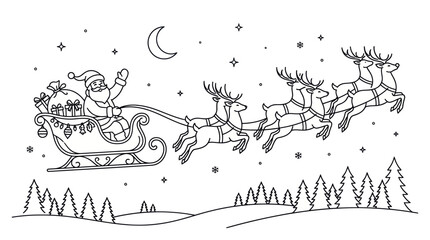 Santa sleigh and reindeer flying over snowy forest line art. © sabar
