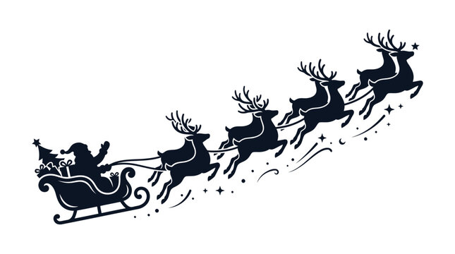 Santa Claus sleigh and reindeer team silhouette flying high.