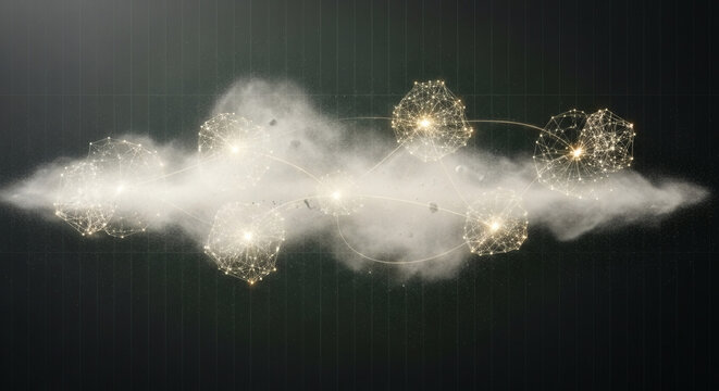 Abstract cosmic dust cloud with connected glowing nodes and network constellations illustrating neural connectivity and complex data systems in dark space themed background design.