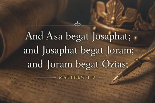English Biblical Genealogy from Matthew 1:8, featuring Asa, Josaphat, Joram, and Ozias, elegantly presented on ancient parchment.