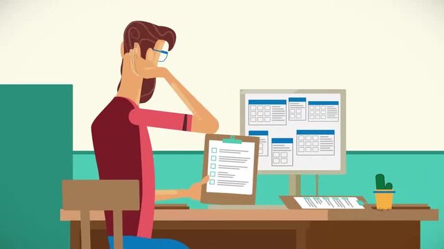 Analyst Comparing Paper Financial Document with Data Charts on Computer Monitor, Corporate Business Concept, 2D Vector Animation