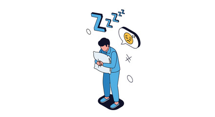 Fototapeta premium Tired man in blue pajamas stands holding a pillow while experiencing insomnia or sleep deprivation with a sad face icon.