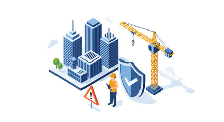 Naklejka premium Construction site safety concept featuring a worker monitoring high-rise buildings and a crane behind a protective shield.