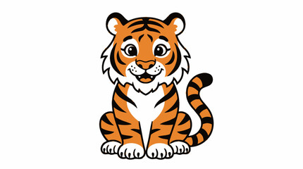Smiling baby tiger cartoon mascot sitting upright on white. © sabar