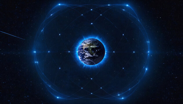 Global Satellite Network in Geostationary Orbit Surrounding Earth, Digital Connectivity Grid with Blue Light Trails