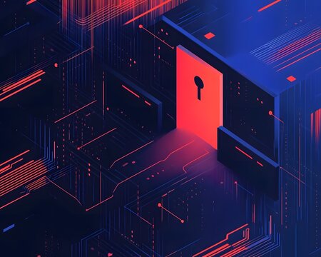 This abstract digital illustration features a striking door with a keyhole, set against a vibrant blue and red background. It symbolizes access to new opportunities in technology.
