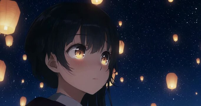 Close Up Anime Eyes Reflecting Glowing Floating Night Lanterns