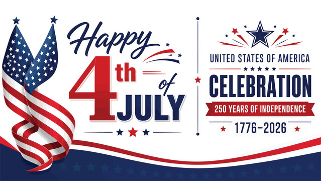 Happy 4th of july celebration banner featuring waving american flags and 250th anniversary text design independence celebration anniversary patriotic national typography celebrate