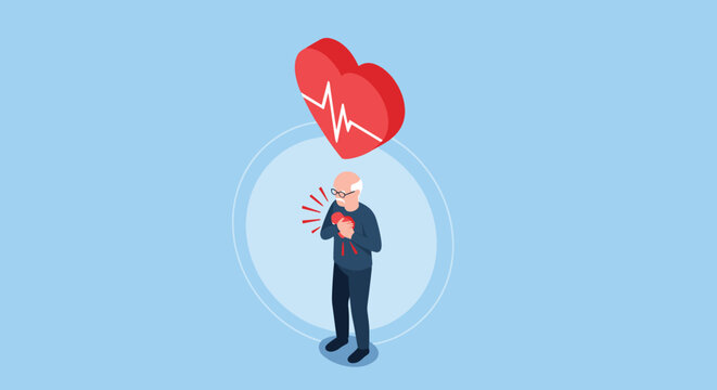 Elderly man clutching his chest in pain during a heart attack with a large pulsating heart icon above him representing the emergency.