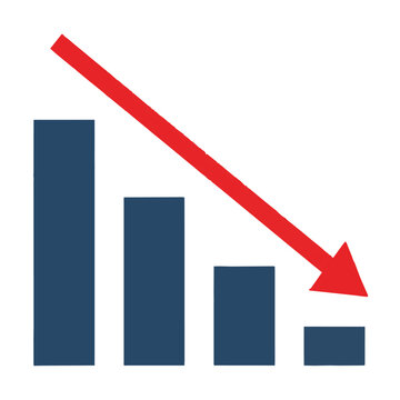 Minimalist bar chart with four decreasing vertical bars and a downward diagonal arrow isolated on a white background. Negative growth and financial concept