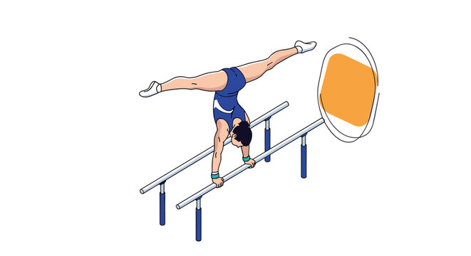 Athletic male gymnast performing a high-level strength move on parallel bars against a simple white background with a decorative circle.