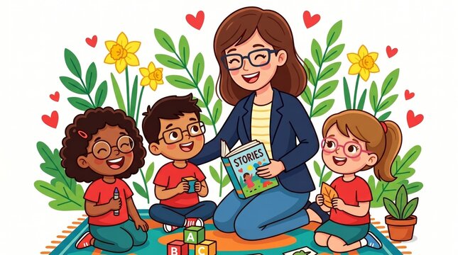 Diverse children and teacher enjoying storytime with blocks and flowers